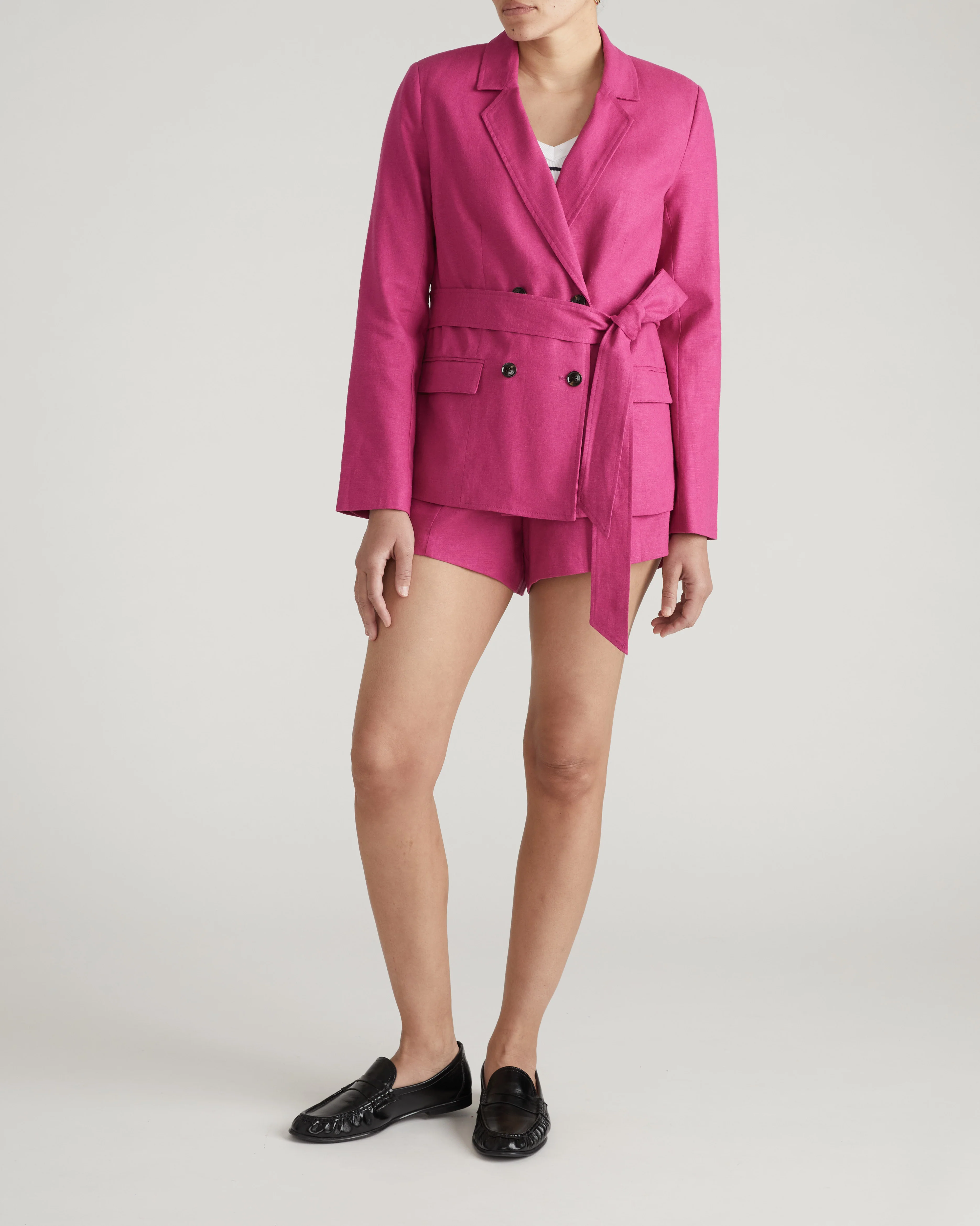 Belted Double Breasted Linen Blend Blazer - Hyper Pink