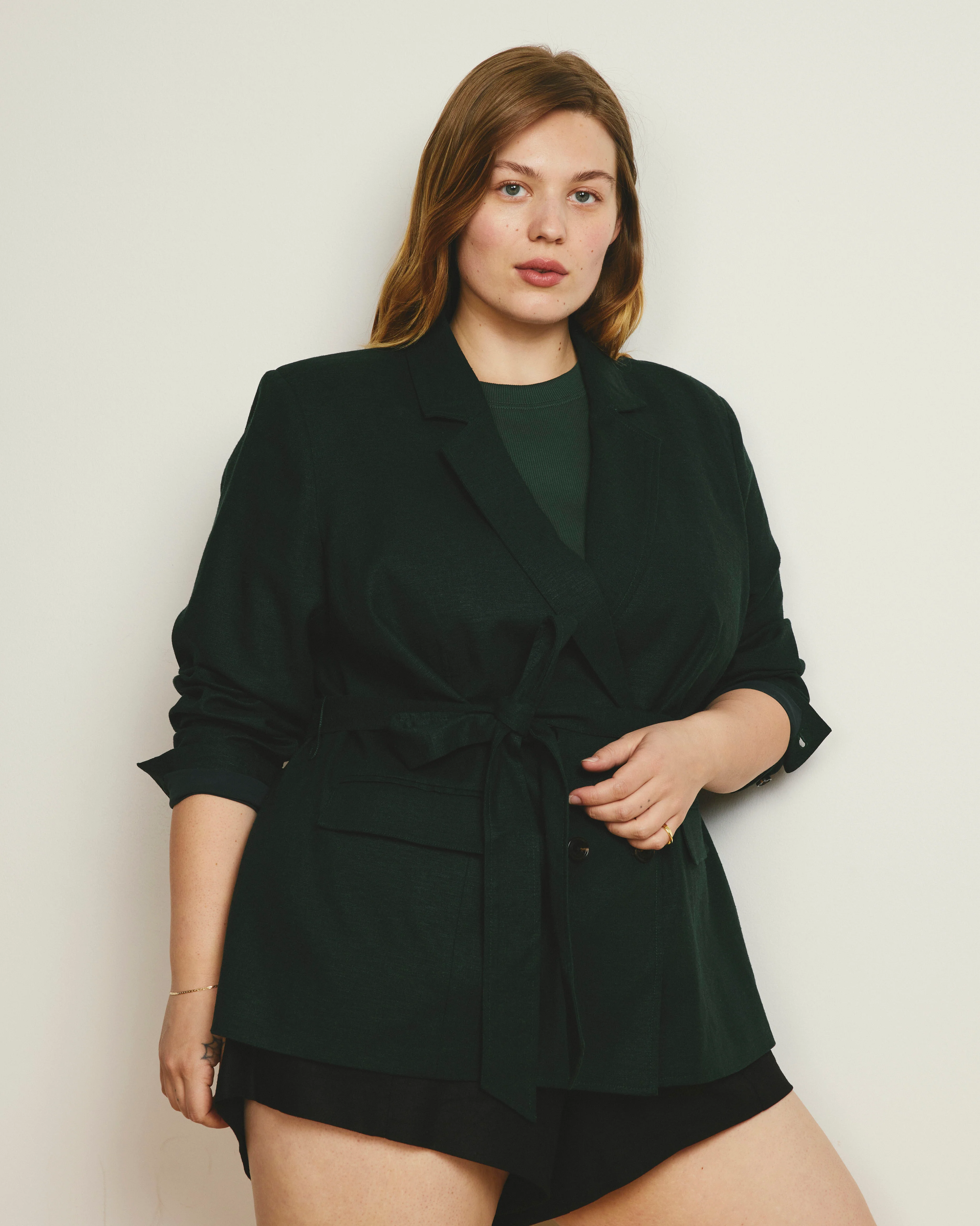 Belted Double Breasted Linen Blend Blazer - Forest Green