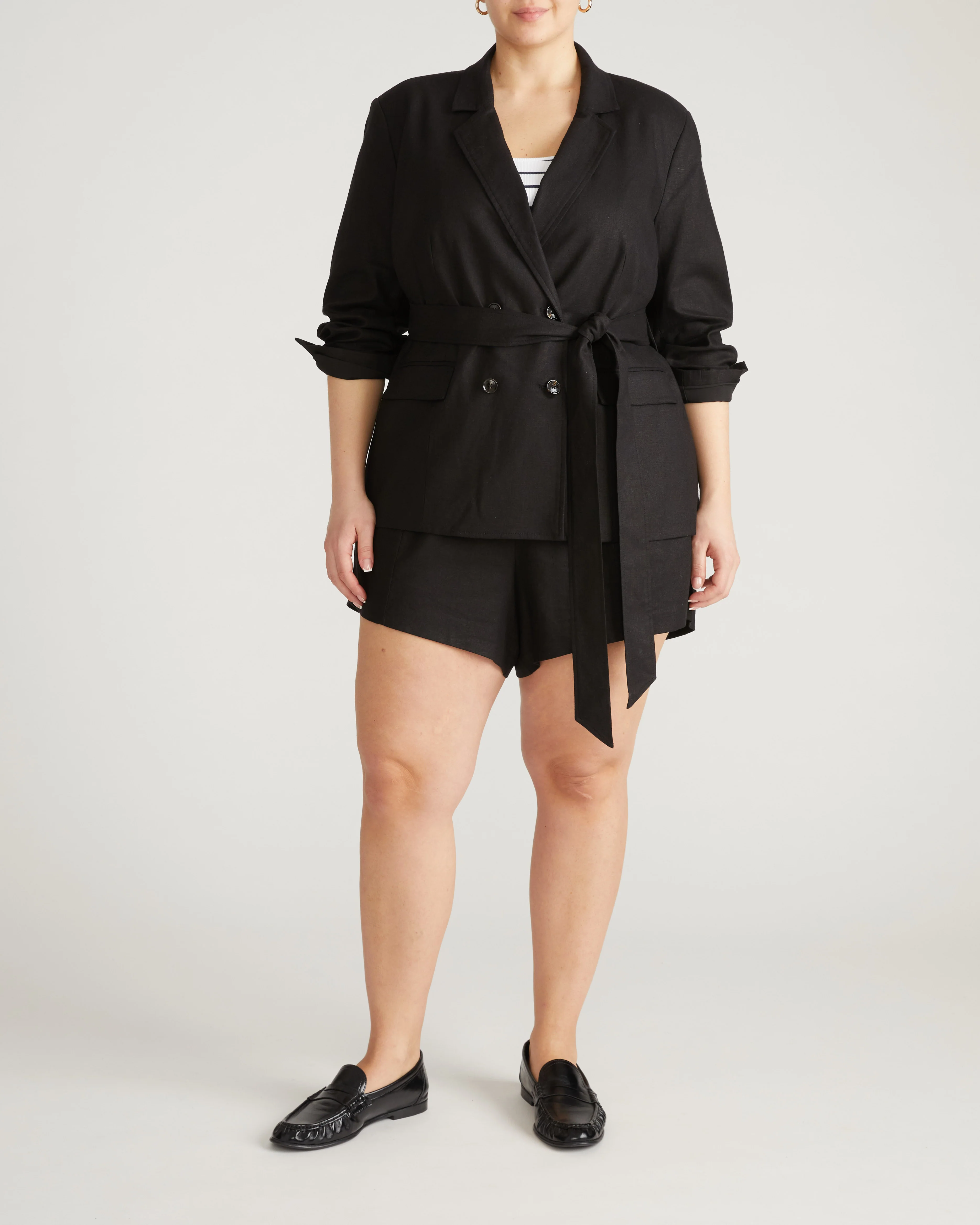 Belted Double Breasted Linen Blend Blazer - Black