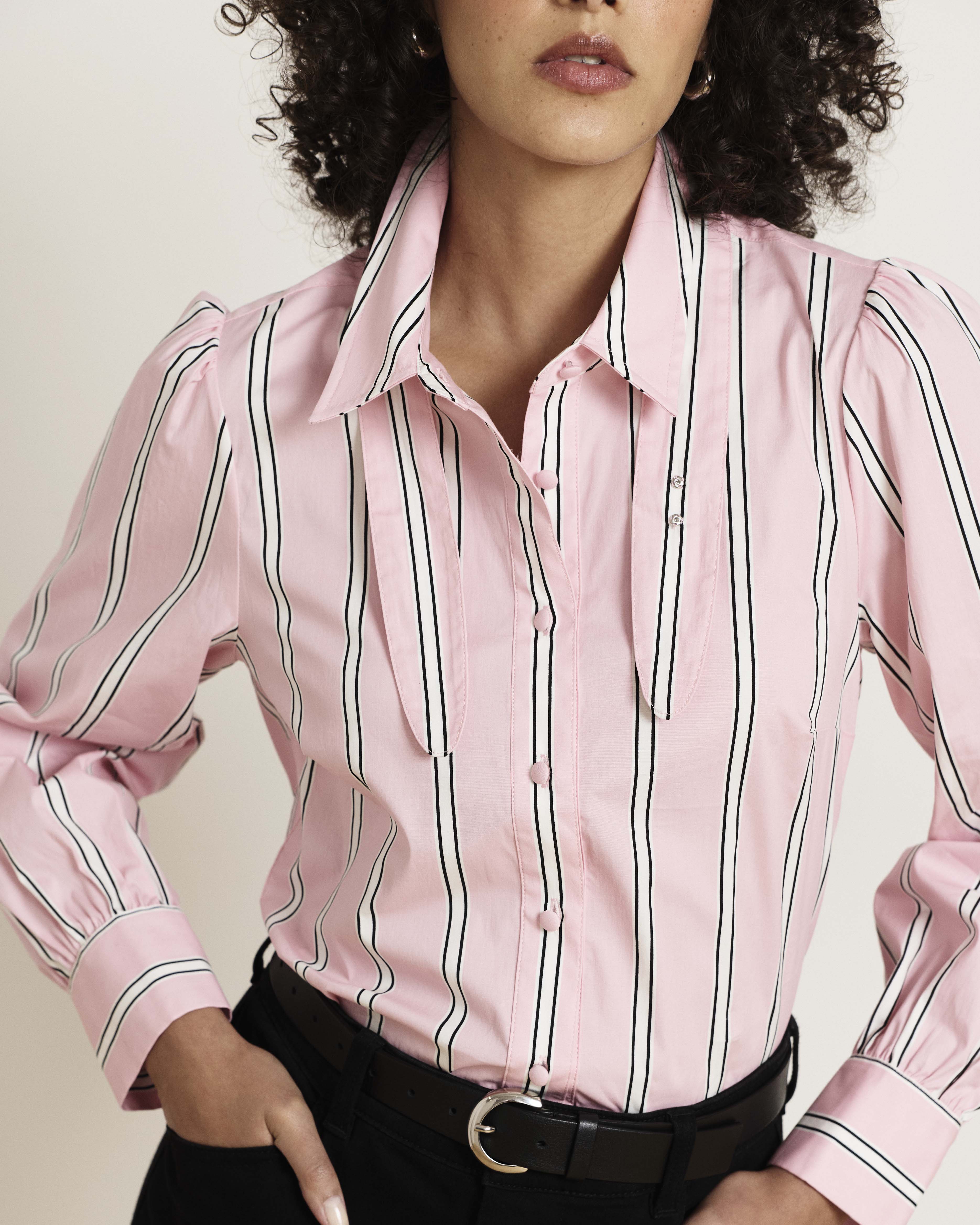 Janet Tie-Neck Cotton Poplin Shirt - Pink Horizon Stripe